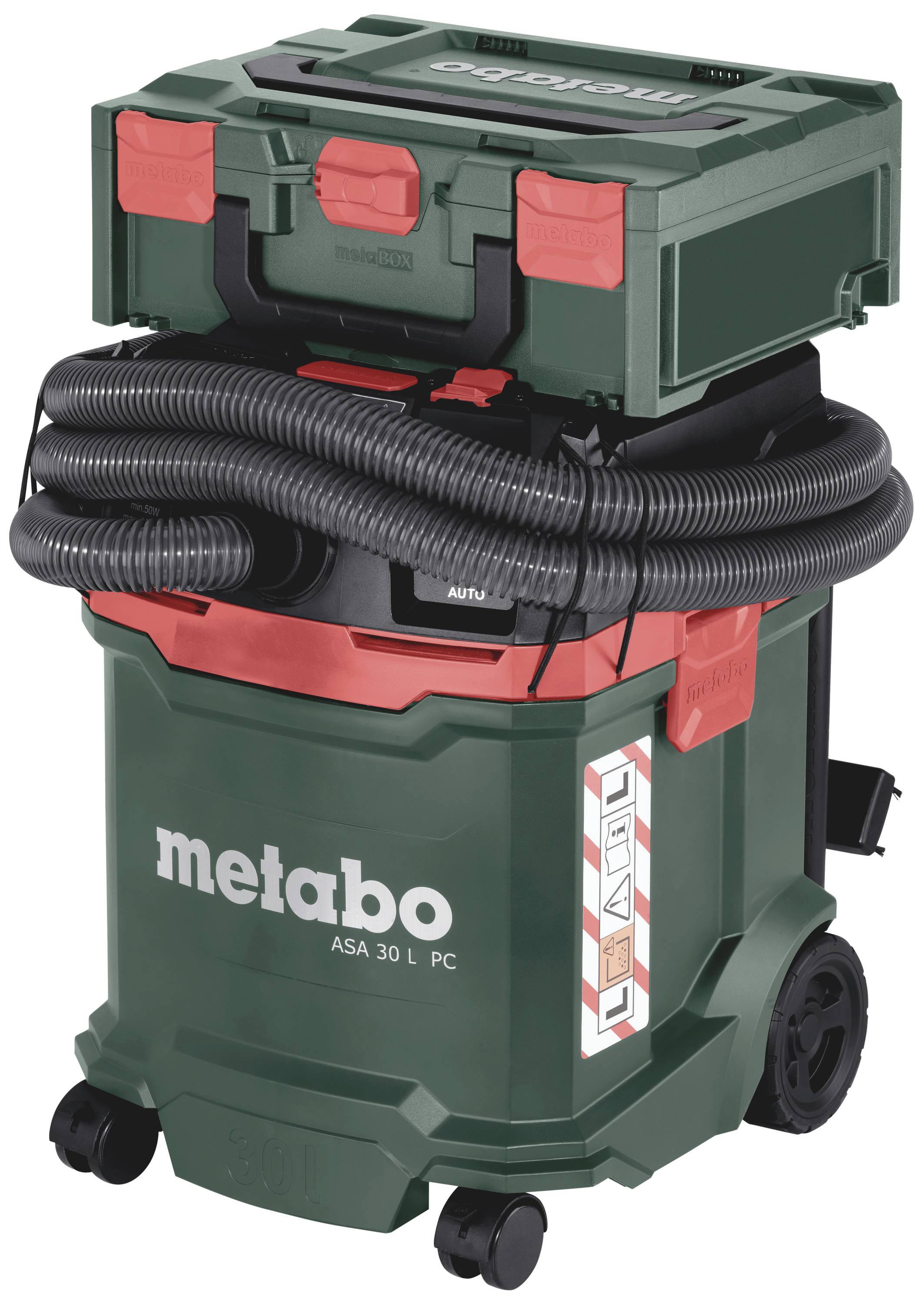 Industrial vacuum cleaner in green with the 'metabo' logo, fitted with wheels, hose and a removable toolbox on the top.