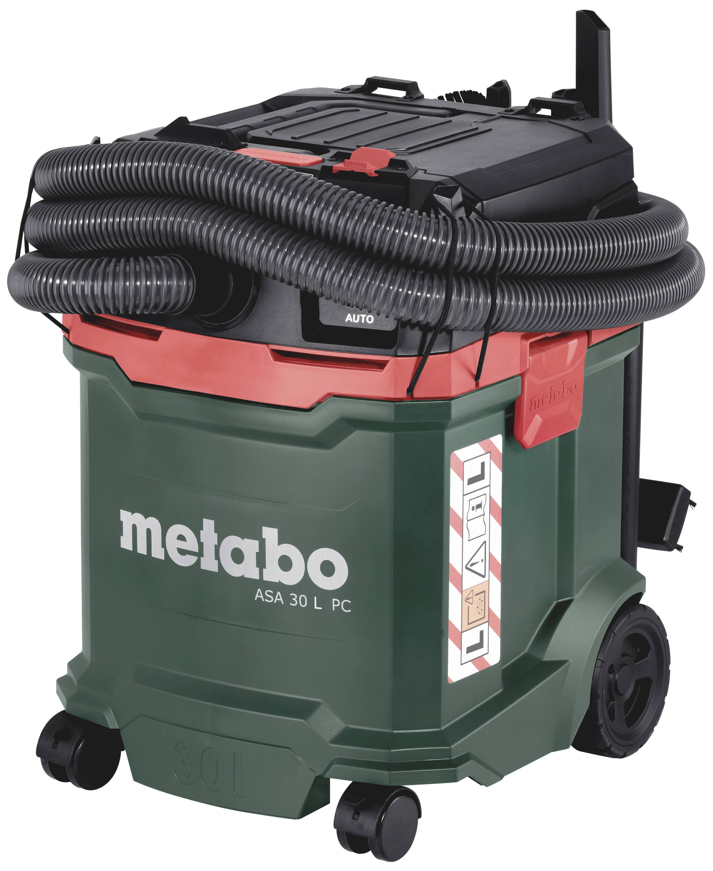 Metabo wet and dry vacuum cleaner, model ASA 30 L PC. Green and red colour scheme with black details.