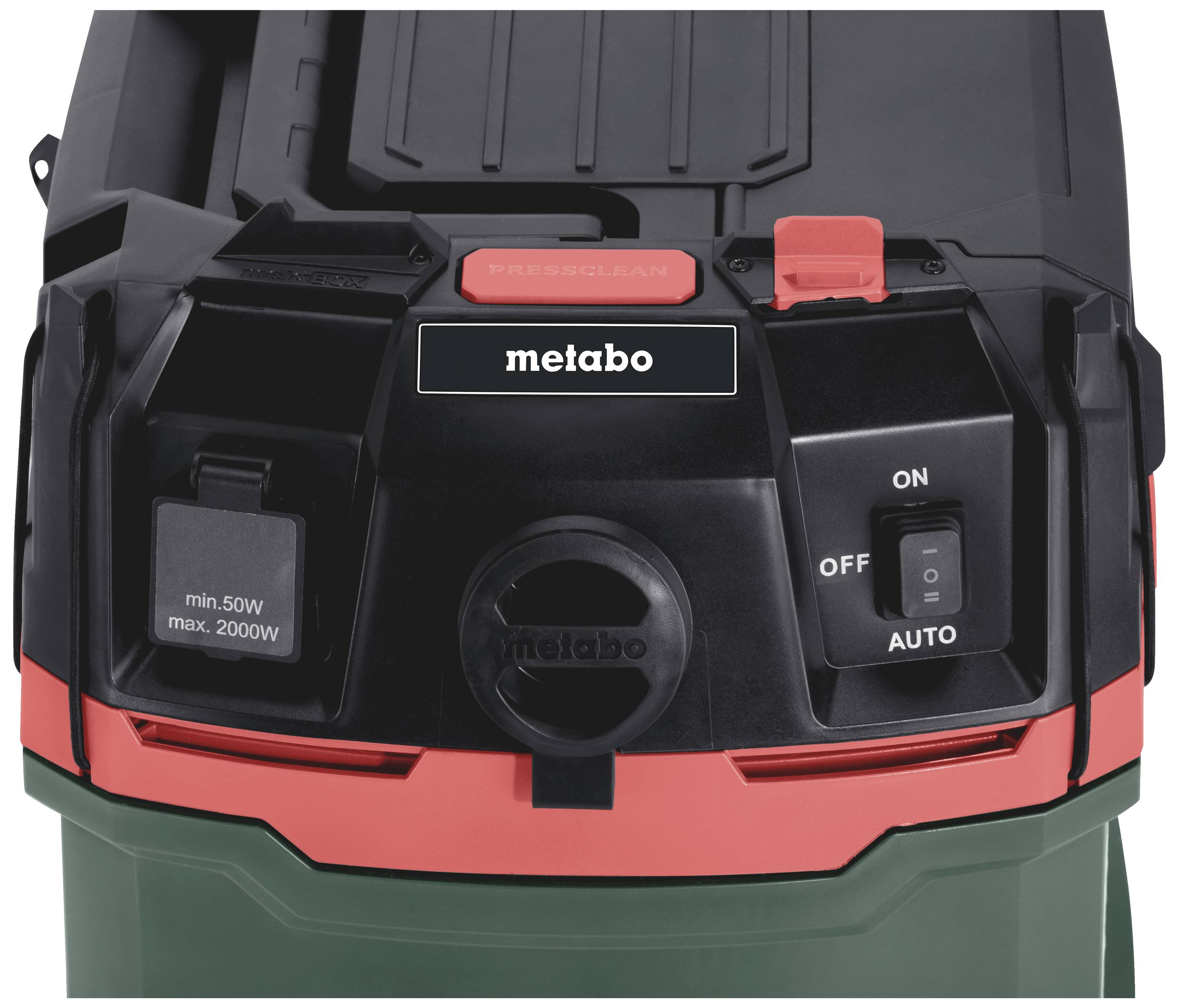 A close-up of a vacuum cleaner's control panel with an on/off switch, an eco button, and the inscription 'metabo'.