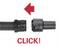Black hose connector in front of red arrow. Text 'CLICK!' below shows connection indication.