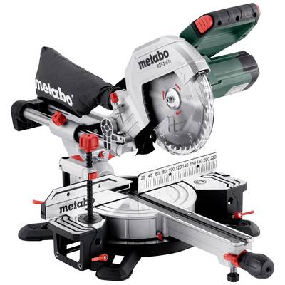 A circular saw with a Metabo logo, red switch, and scaling. Used for precision cutting of wood or metal.