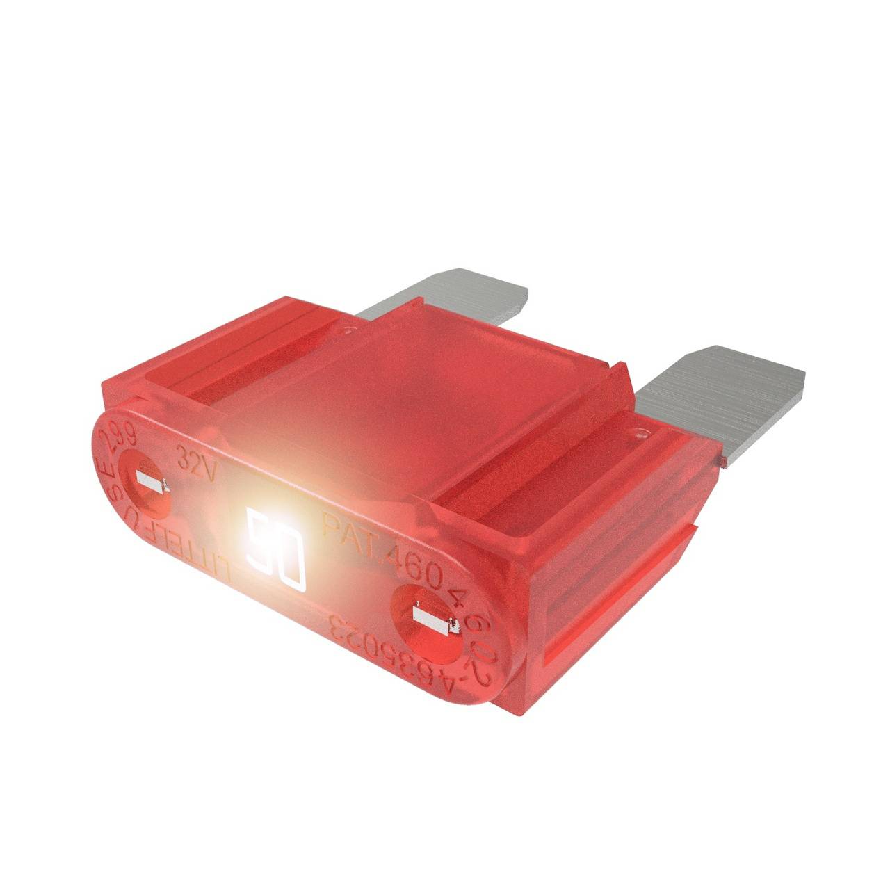 A red electrical fuse with two metal contacts. It displays a glowing point on the front, indicating functionality.