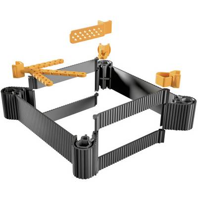 Black plastic frame with four corners, orange components that can be inserted into openings, symbolises modular construction principle.