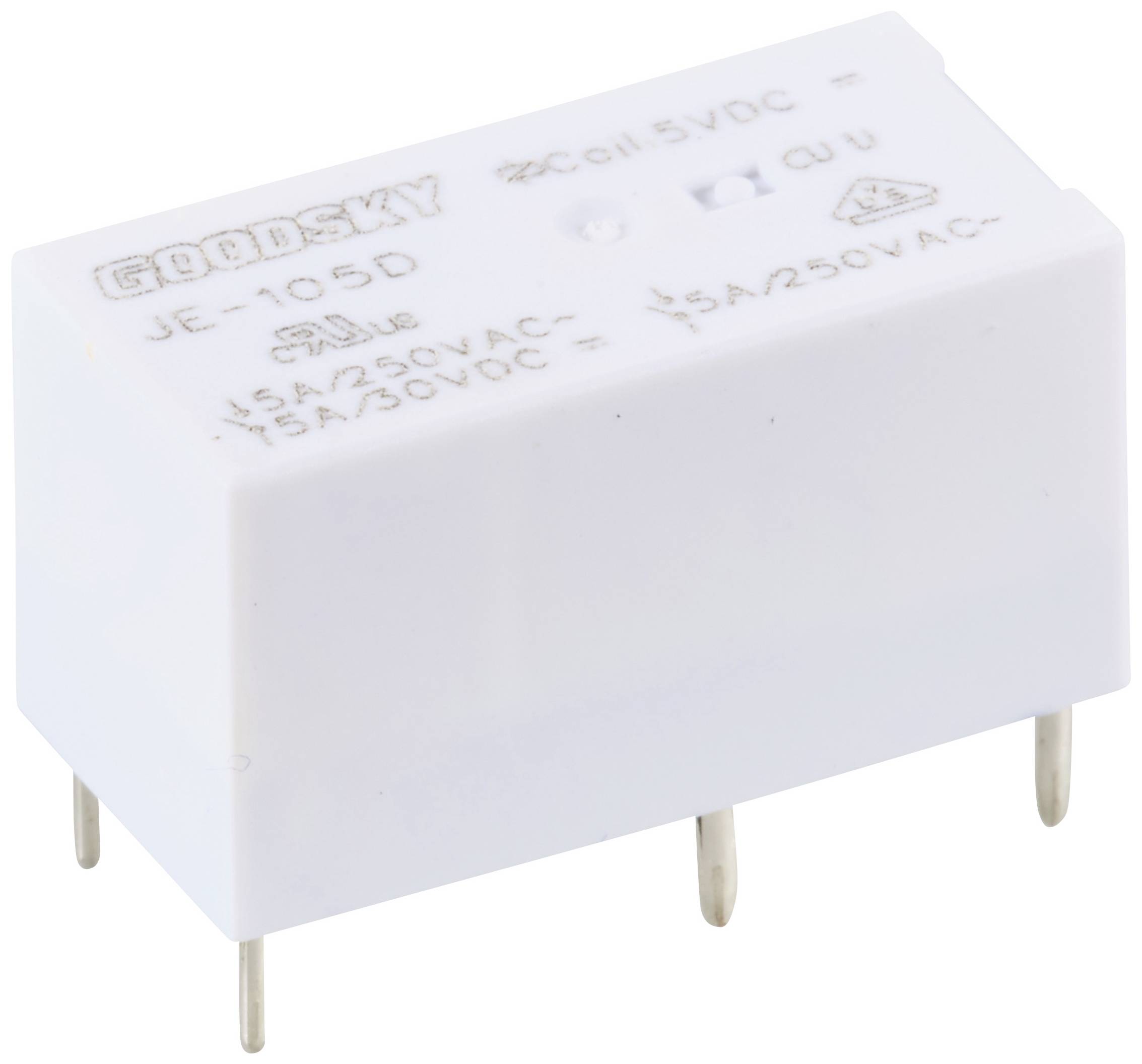 A white relay with the inscription 'GOODSKY JE-105D', suitable for 5 V DC and 250 V AC, 5 A voltage.