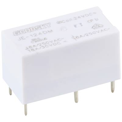 A white, rectangular relay with printed technical specifications and four metal pins for electronic applications.