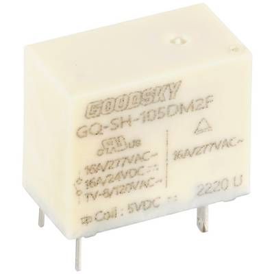 A white, rectangular relay with metal pins and inscription: 'GOODSKY GQ-SH-105DM2F' and technical specification in volts and amperes.