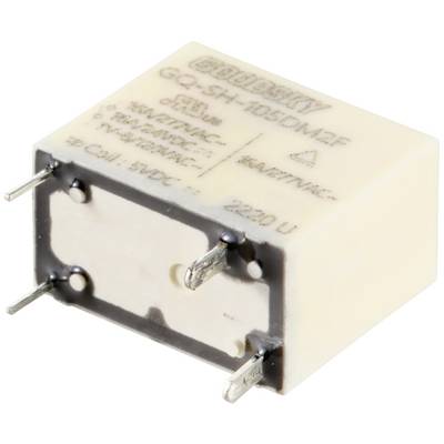 A rectangular electronic component with four metal terminals; labelling 'GQ-SH-105DM2F' and specifications visible.