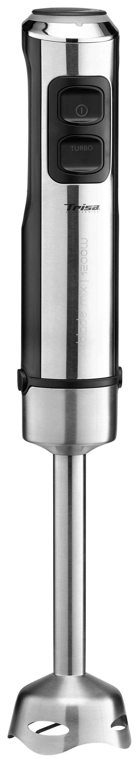 Stainless steel hand blender with two buttons, suitable for mixing ingredients in the kitchen.