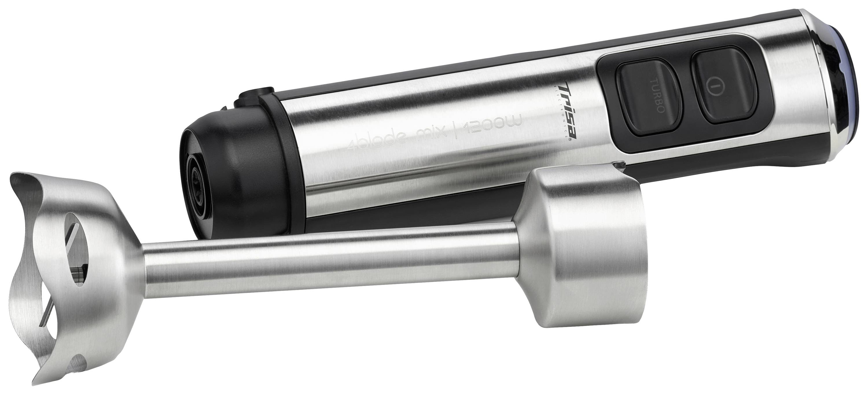 A silver hand blender with a removable stainless steel attachment. Two clearly visible control buttons are located on the device.