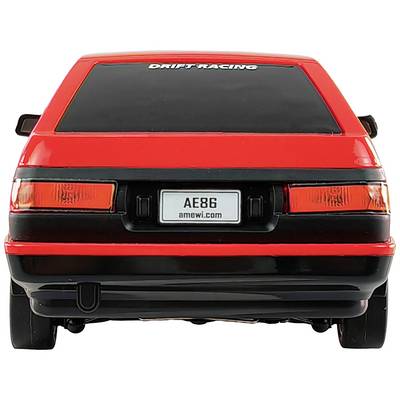 Red toy car model with 'DRIFT RACING' written on the rear window. Number plate reads 'AE86'. Rear view.