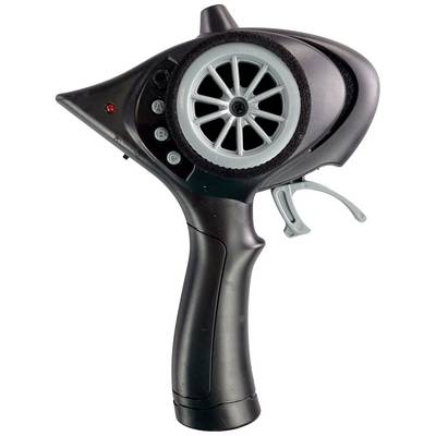 A black remote control with a large wheel, black buttons with letters, and a grey release lever, often used for model cars.
