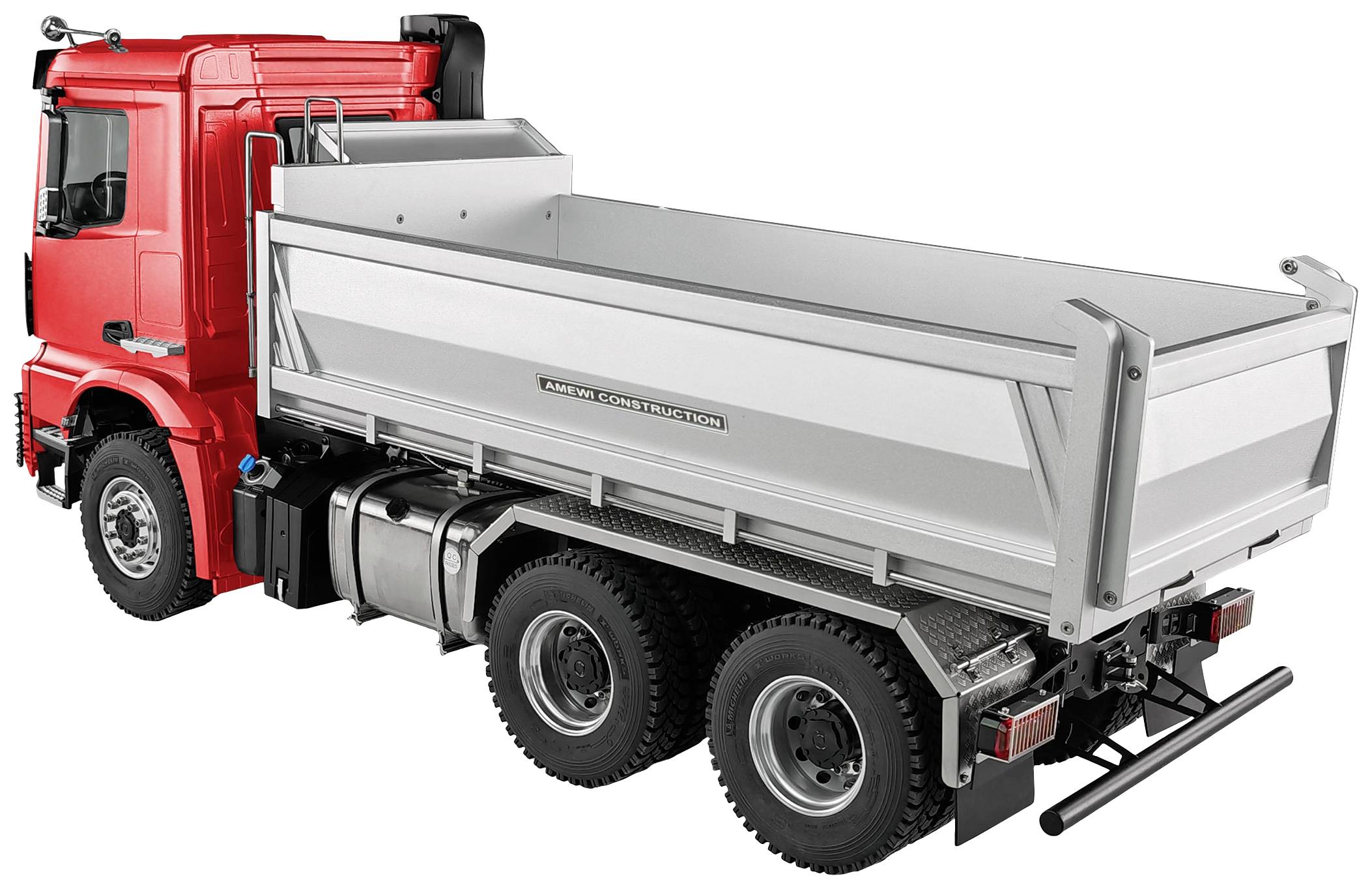 Red lorry with tipper body, ready to be loaded. Six tyres and silver loading area. Perfect for transporting heavy materials.