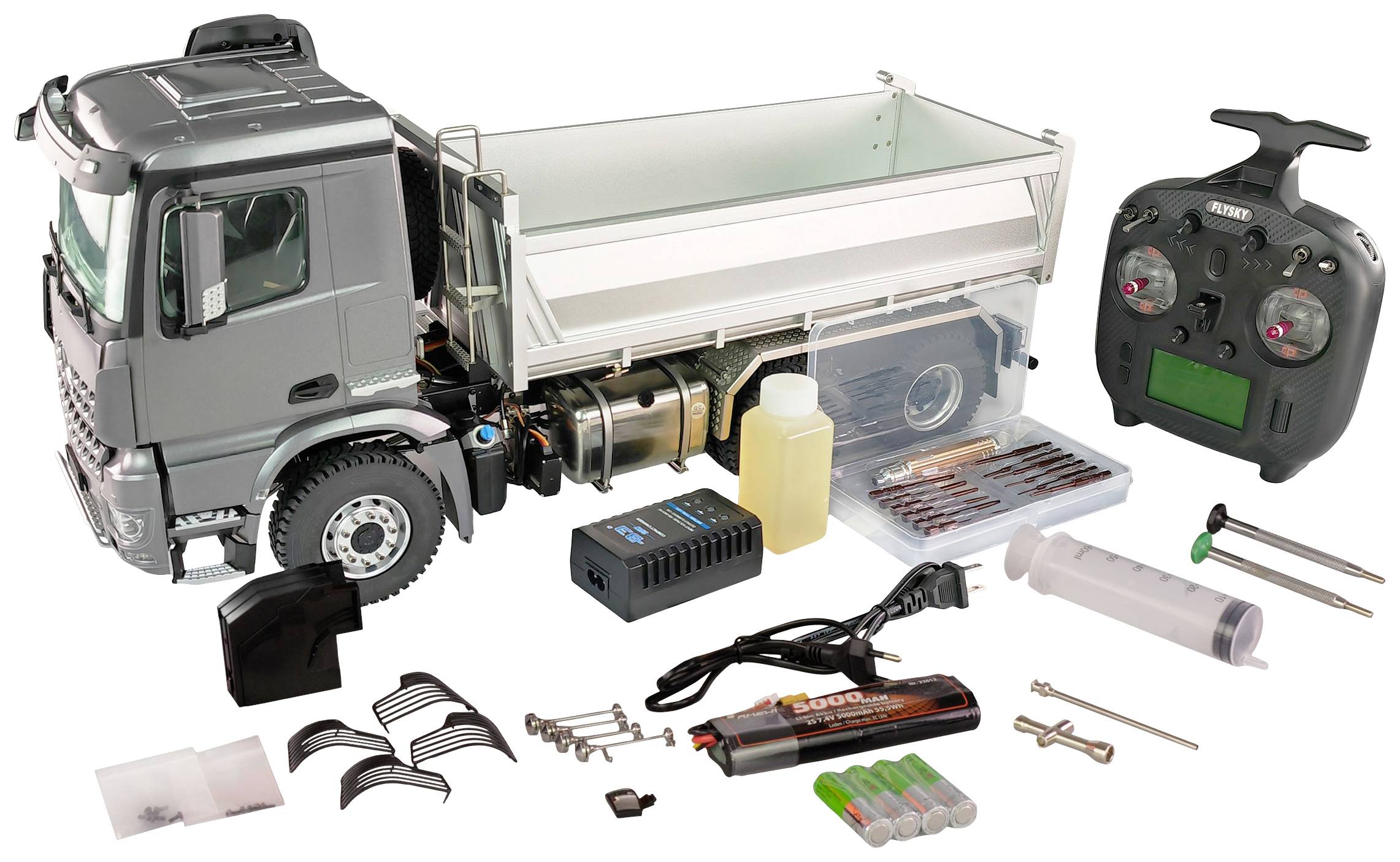 'Model truck with accessories and remote control. Includes batteries, charger, screwdriver, screws and assembly tools.'
