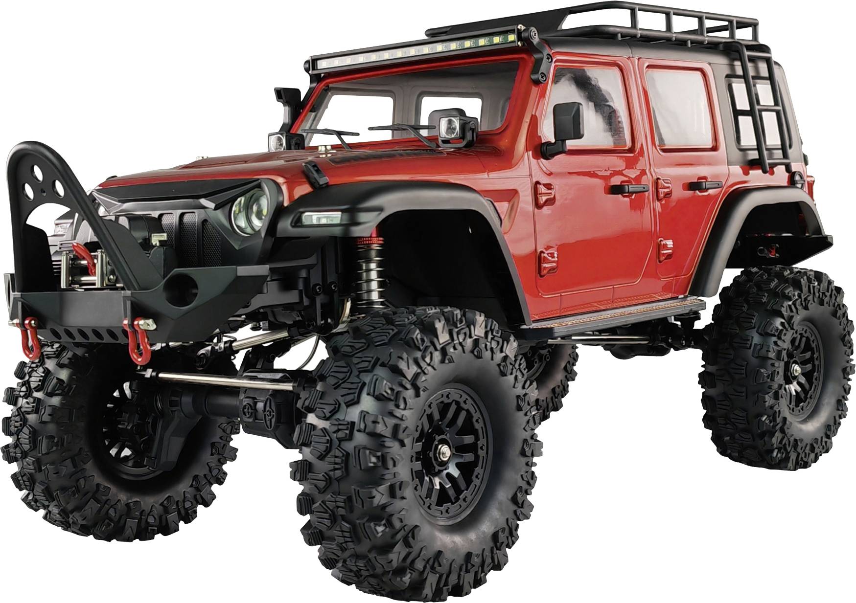 A red, modified off-road vehicle with large off-road tyres and a robust roof rack, ready to tackle challenging terrain.