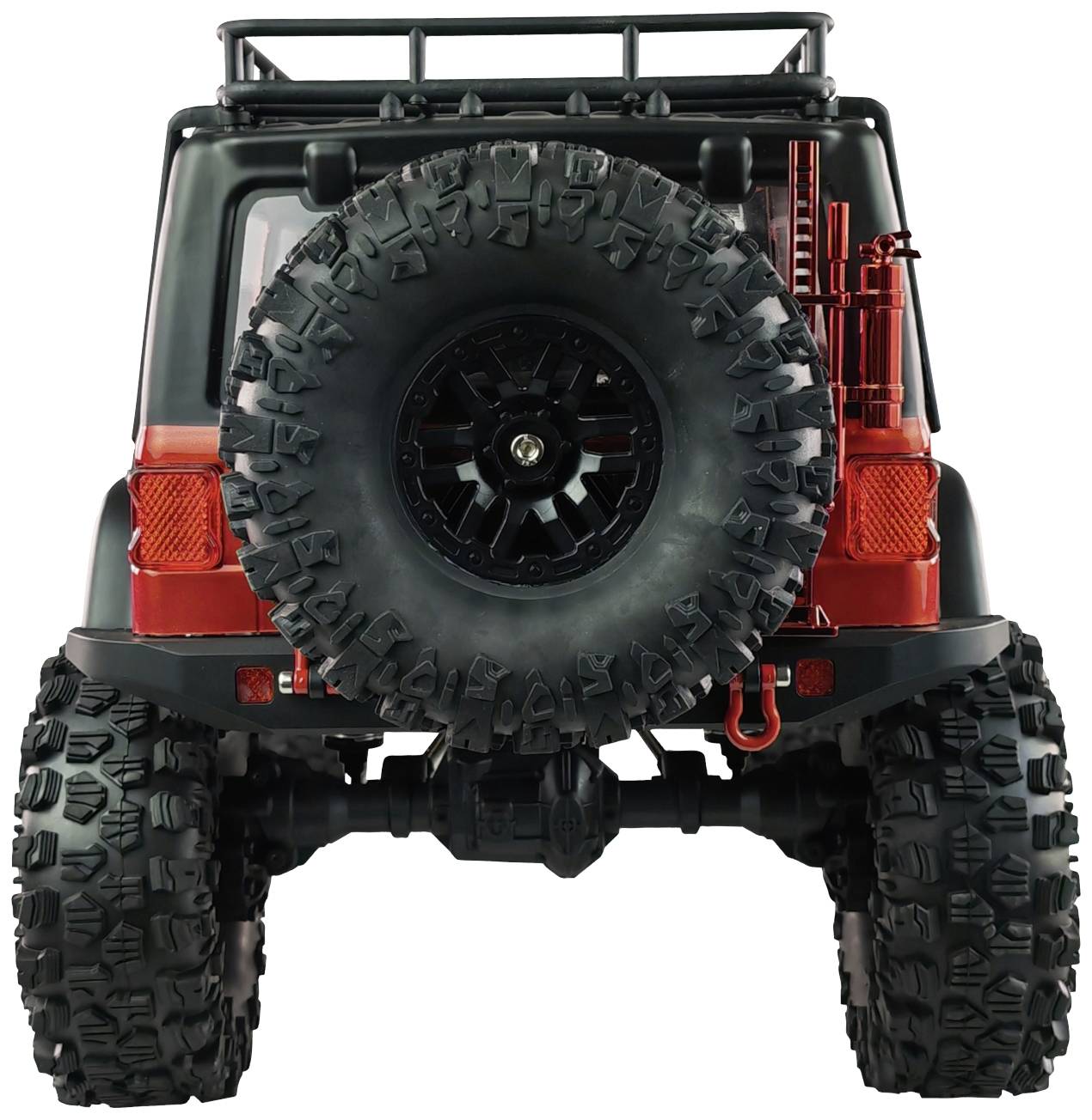 A red off-road toy Jeep with a large spare wheel, robust tyres and accessories, photographed from the rear.