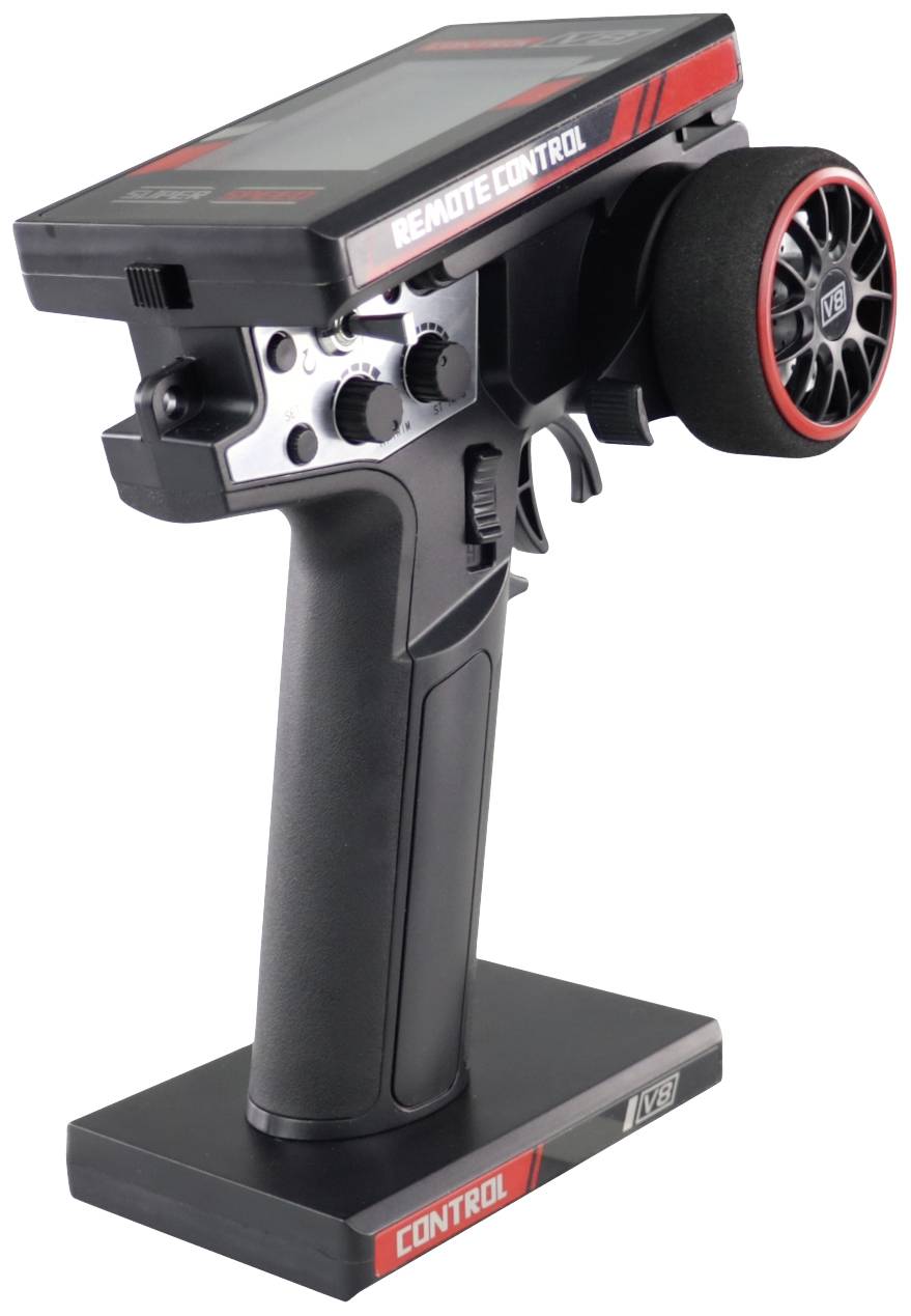 Black and red radio-controlled controller with a steering wheel and multiple buttons for precise control, suitable for remote-controlled cars.