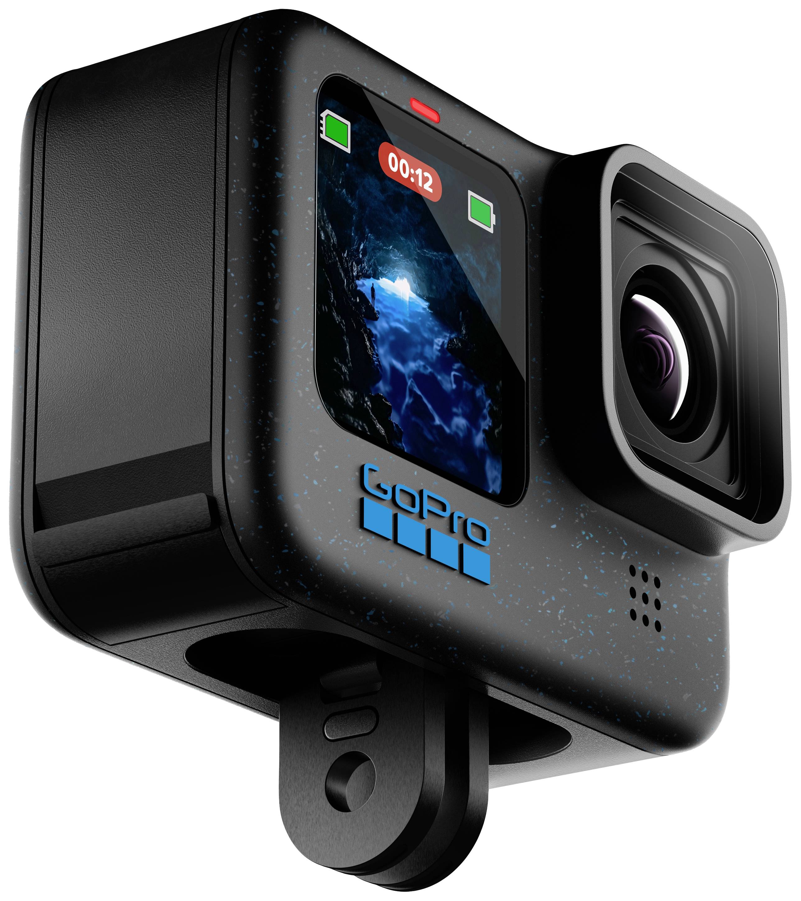 A black action camera with a wide lens and small display showing a water scene. Camera ready for video recording.