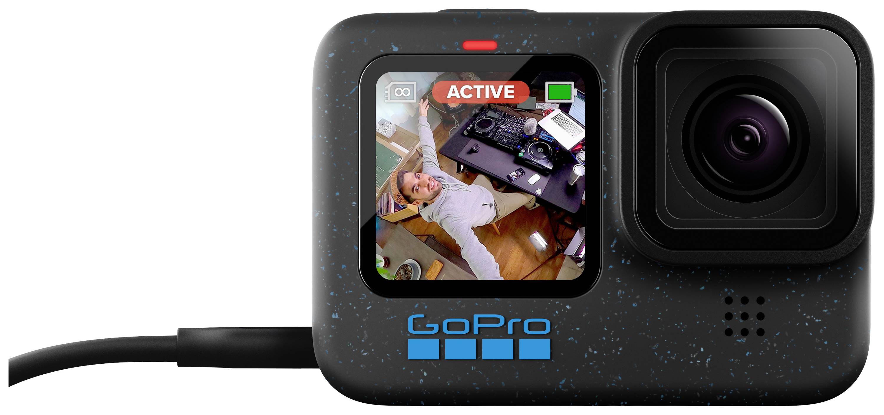 Camera with display shows person in office. Screen displays 'ACTIVE'.