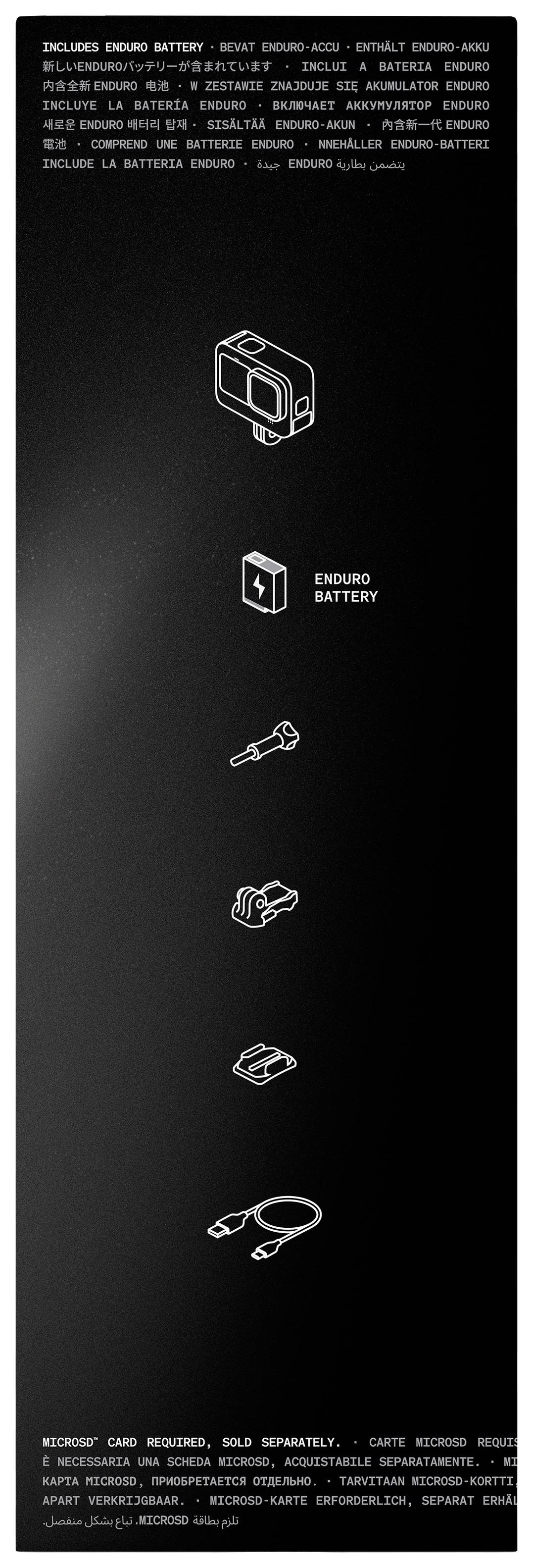 A black label displays images of a camera, a battery, a charging cable, and a holder with the text 'Enduro Battery'.