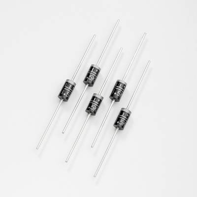 Five black Zener diodes with silver terminals are evenly arranged on a white background.