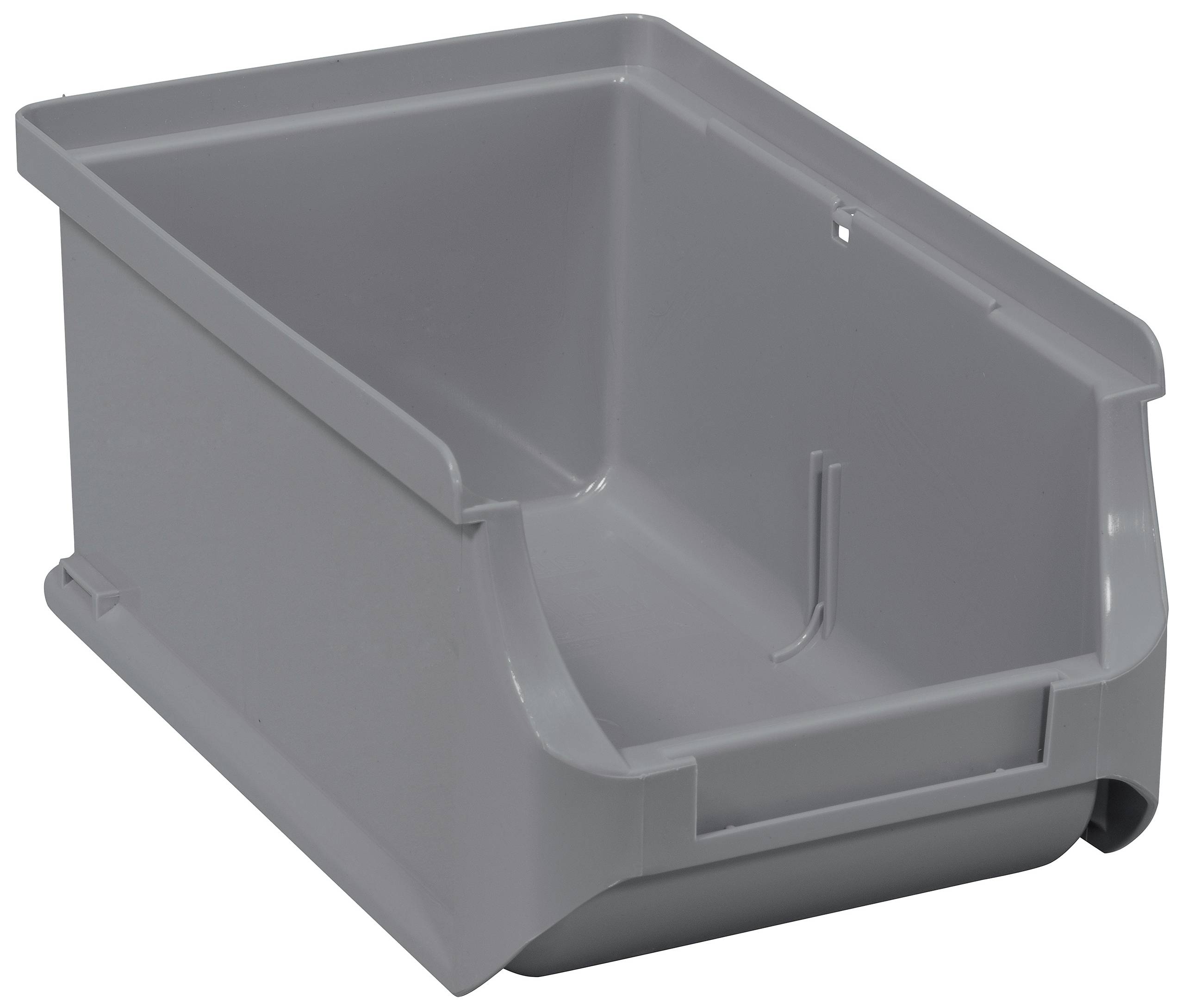 Grey plastic storage box with an open front, suitable for storing items.