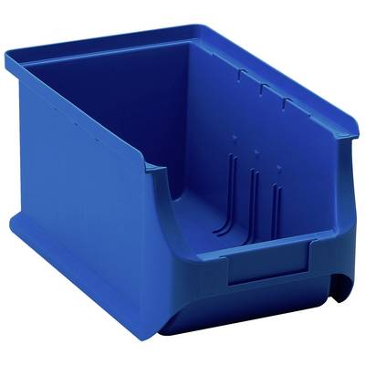 Blue plastic container with an open lid, rectangular in shape, with reinforced ribs on the sides for storage purposes.