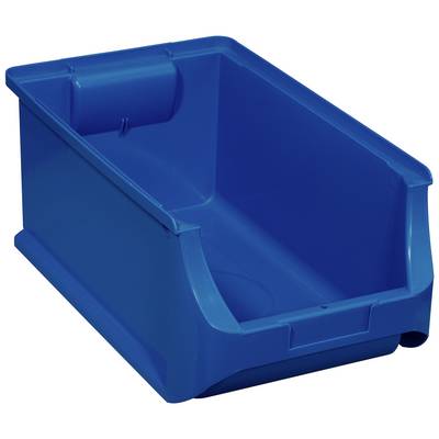 Blue plastic storage container with an open front, suitable for storing small household items.