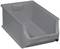 Grey plastic storage box with front handle and high back, ideal for storing small parts in workshop or warehouse.