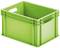 Green plastic storage box with a rectangular shape and integrated side handles. Ideal for storage and transportation.