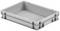 Grey plastic storage box with rectangular shape, low side walls and stackable. Ideal for storage and transportation.