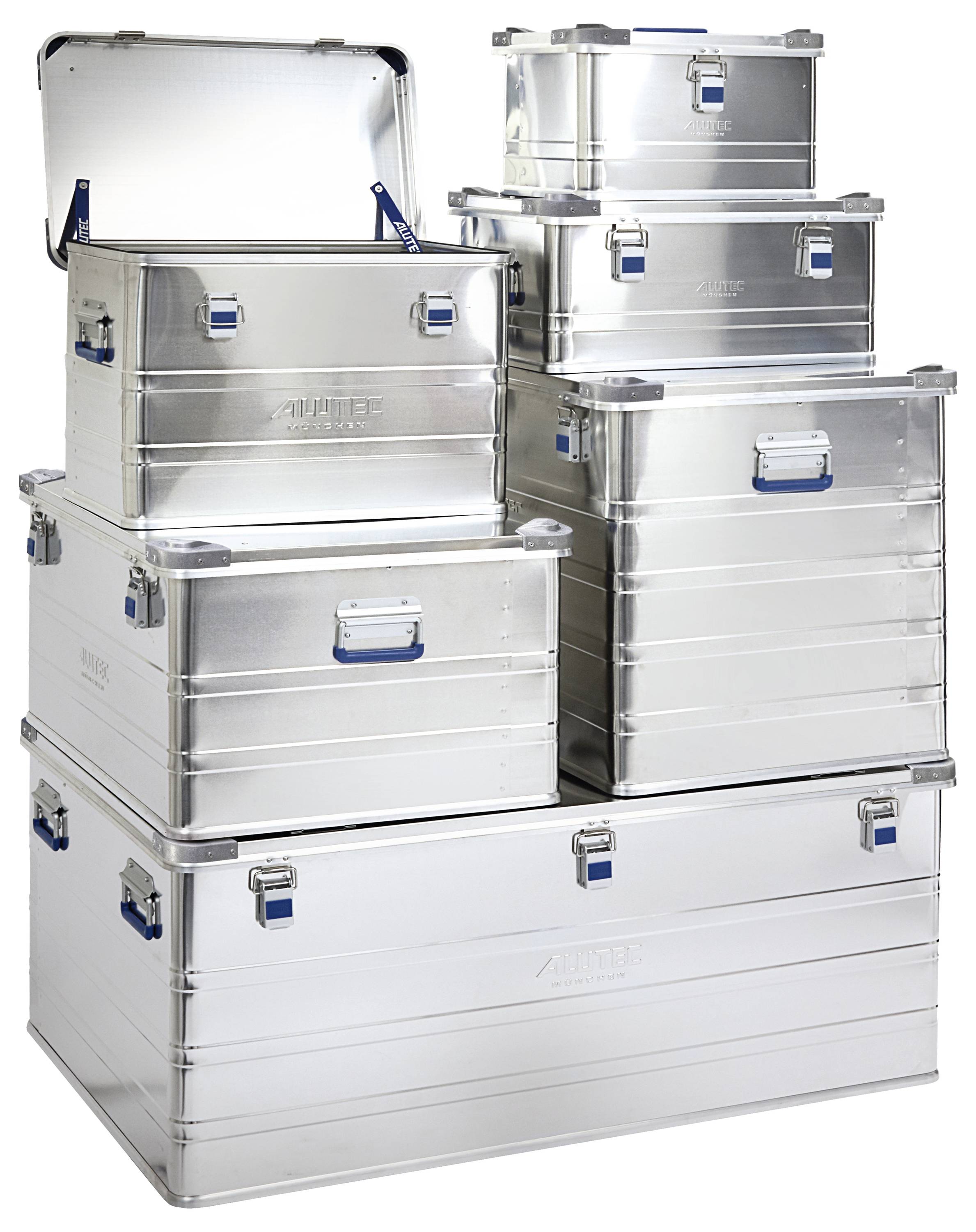 A stack of metallic storage boxes with blue latches, varying in size, some open, showcasing robust construction for secure storage.