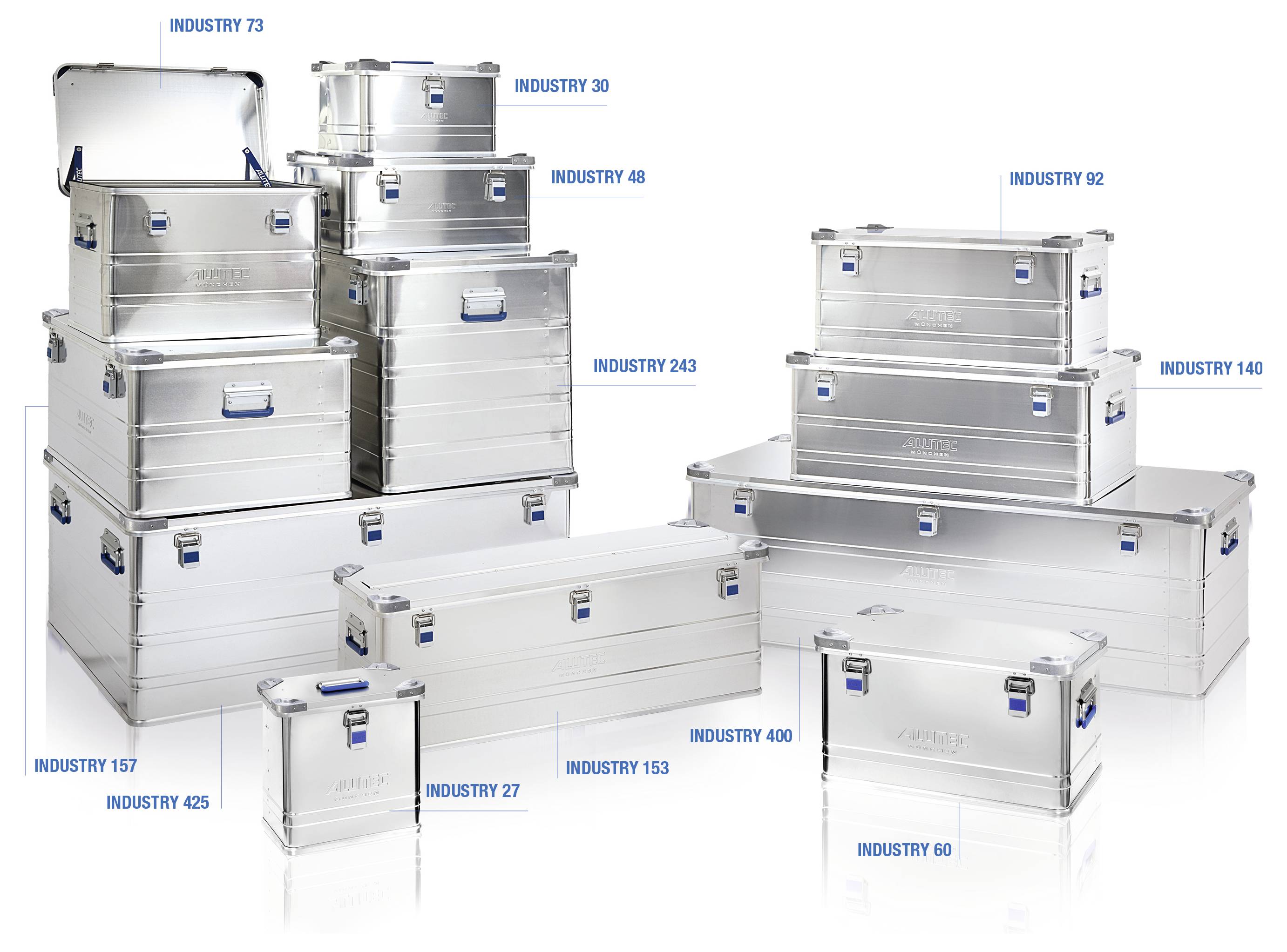 'Aluminum storage boxes in various sizes, each labeled with 'INDUSTRY' and a number, stacked or placed side by side.'