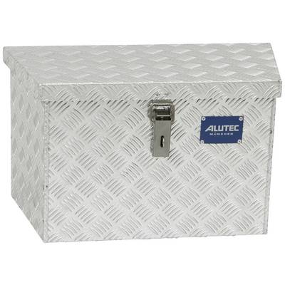 Silver aluminium box with diamond pattern, lock, and 'ALUTEC München' logo on the front.