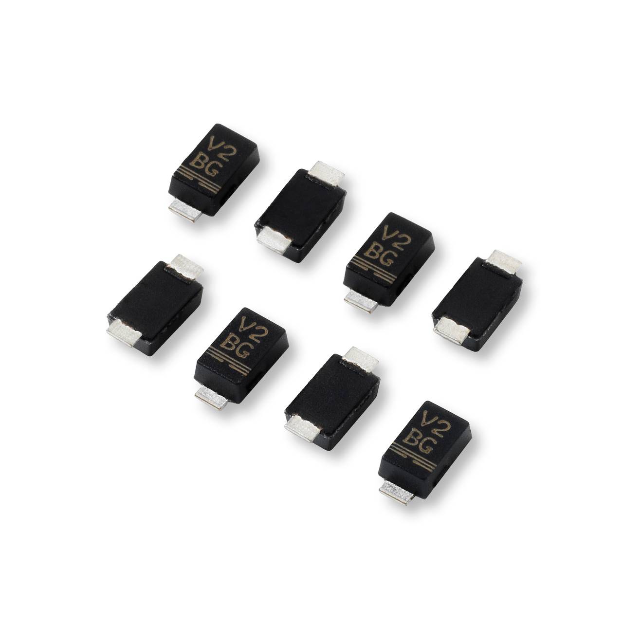 Eight black SMD components with the inscription 'V2 BG', square with metal contacts, arranged in two groups.
