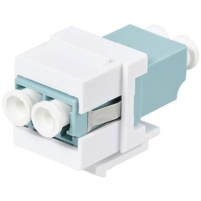 Fibre optic adapter with two ports in light blue and white, suitable for LC duplex connectors, commonly used in networks.