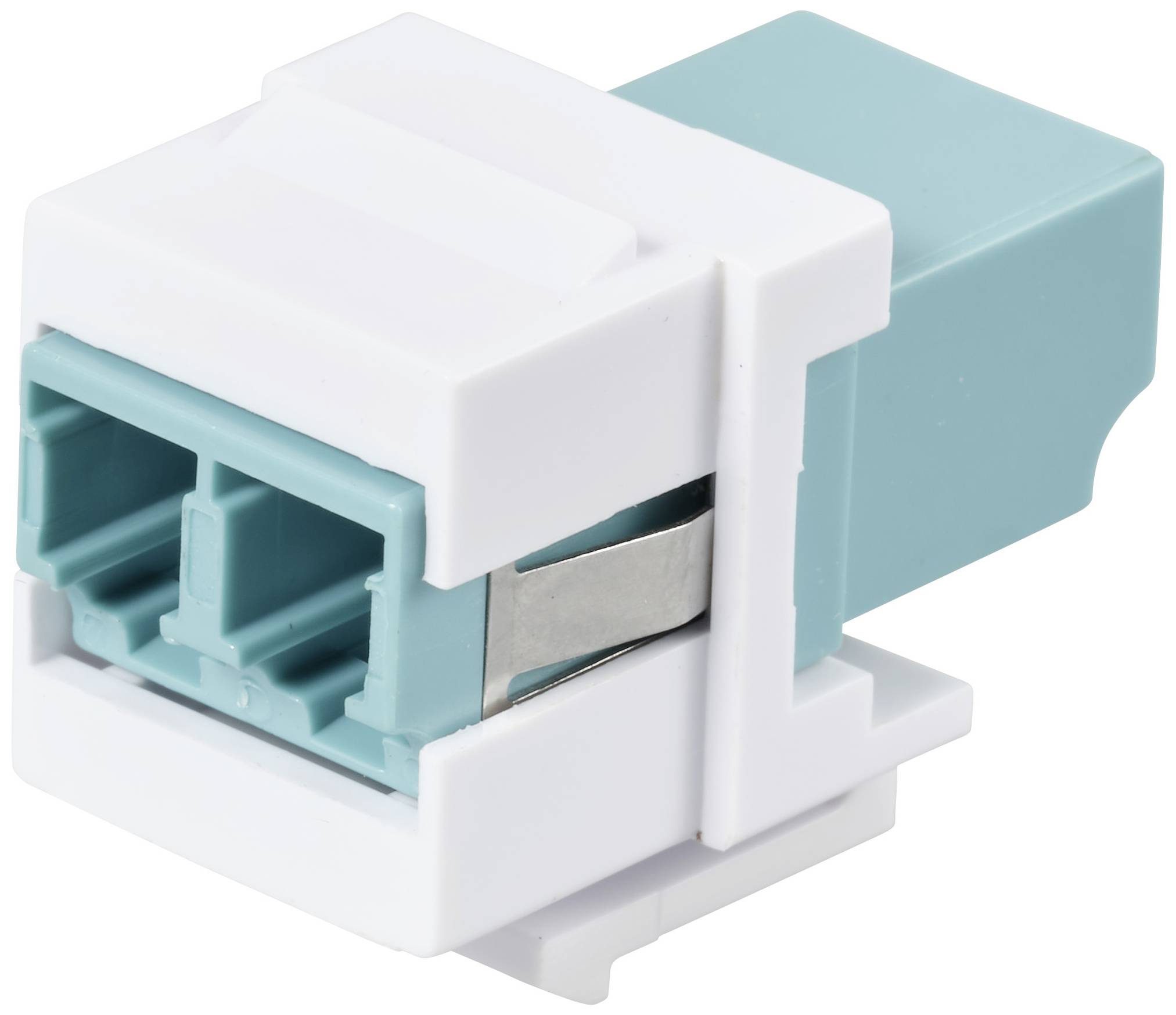 A rectangular white-blue fibre optic adaptor with two ports, suitable for connecting fibre optic cables in a network setup.