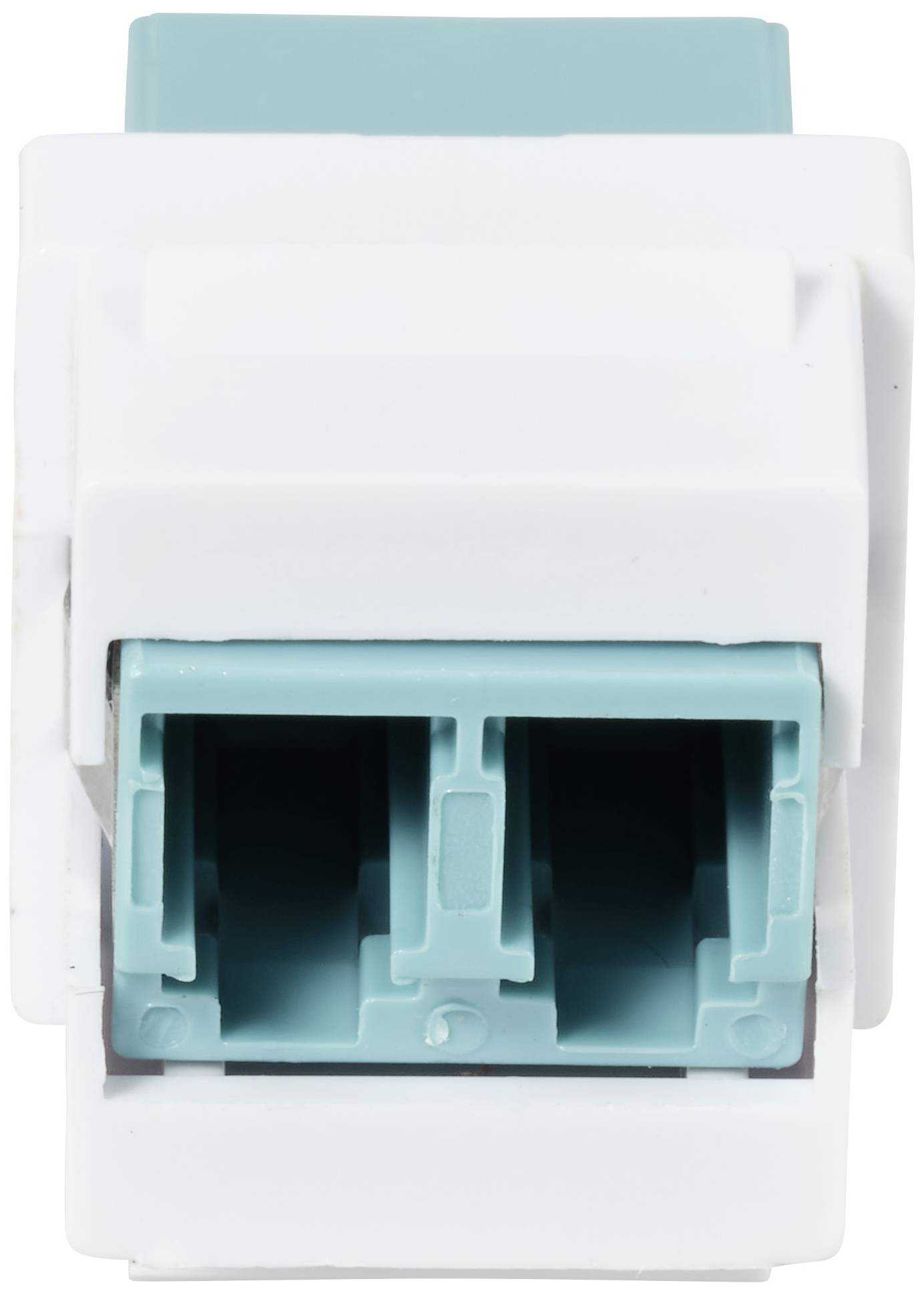 Dual Fibre Optic Keystone, White, with two turquoise LC connectors.