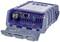 A blue electronic device with various port connections on the front, including USB and network ports.