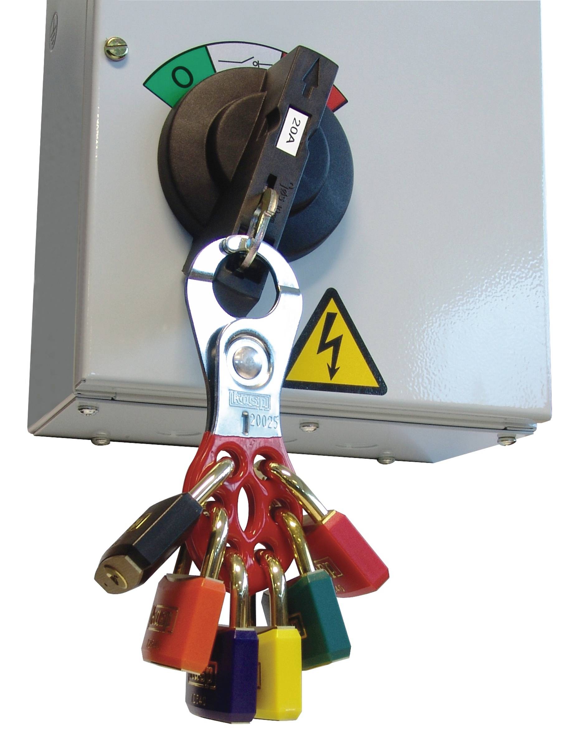 Electrical switch in 'Off' position, secured with seven padlocks in different colours to prevent unauthorised access.