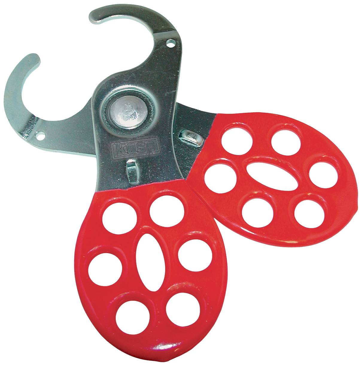 Red safety padlock with multiple holes for group locking and metal hook, used for securing energy sources during maintenance work.