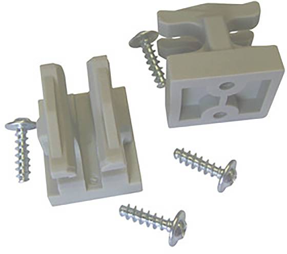 Plastic catch with four fixing screws, mounted on furniture for secure locking mechanisms.