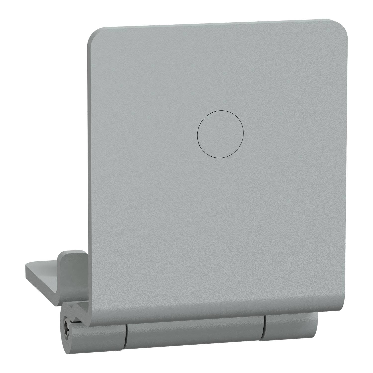 A rectangular, grey wall accessory with rounded edges, mounted on a folding bracket.
