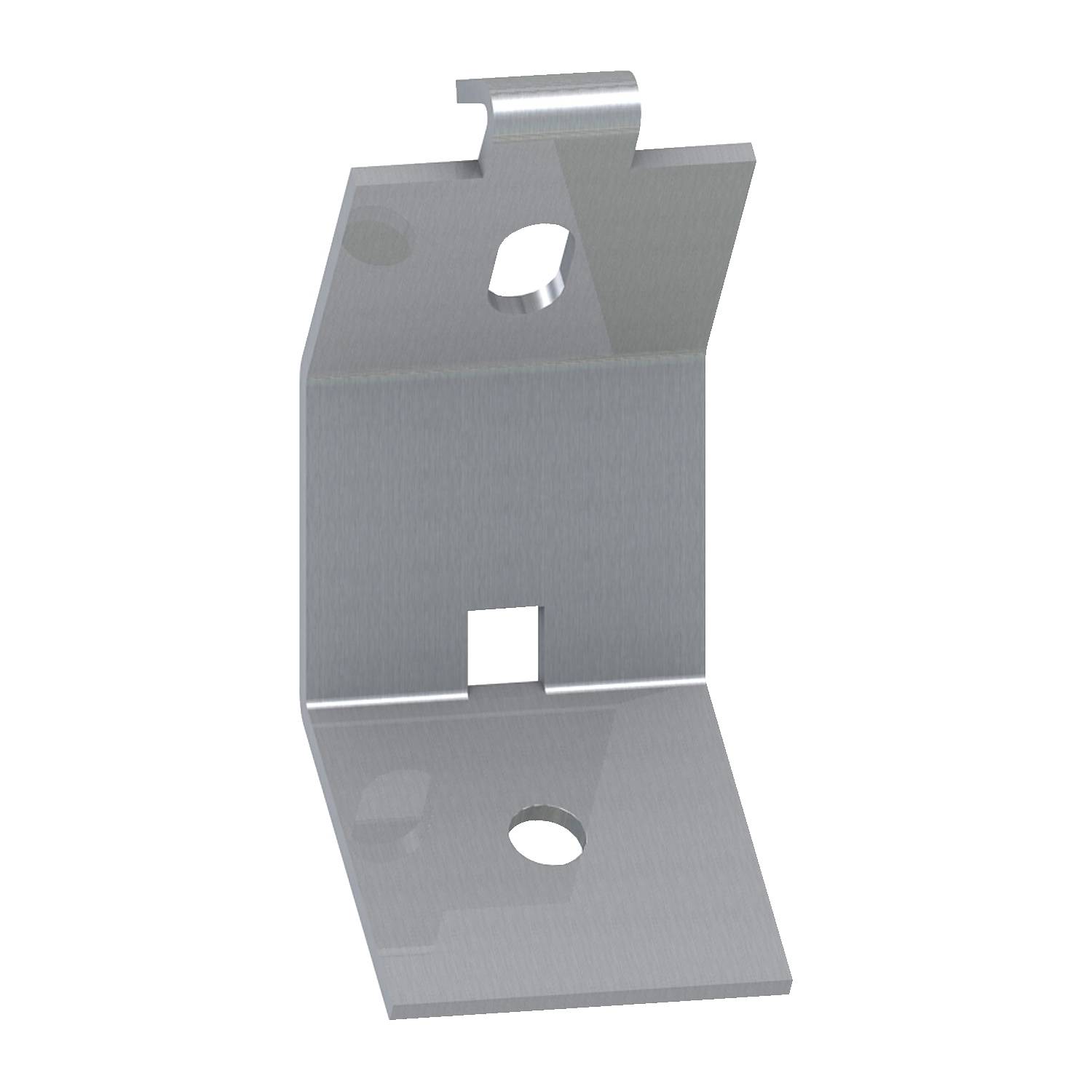 Folded metal angle bracket with multiple recesses and holes, used as a connecting element in construction or furniture making.