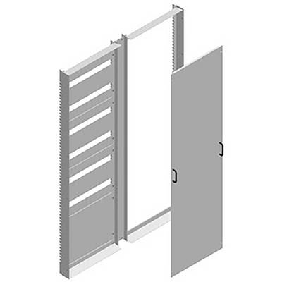 A grey, rectangular cabinet with open doors and compartments, suitable for organising or storing equipment or documents.