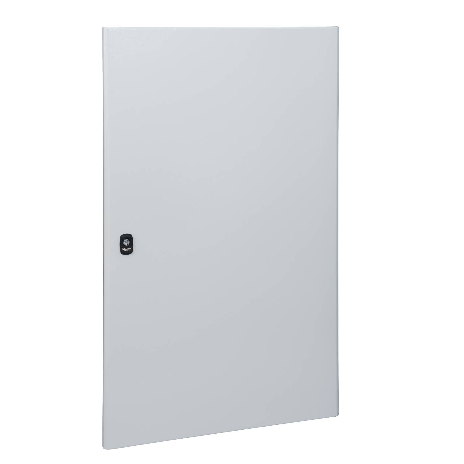 Metal cabinet with a grey door and black handle on the right-hand side.