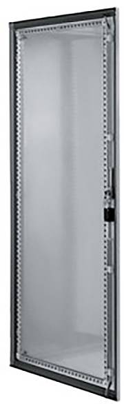 Glass door with metal frame, closed, hinged. Suitable for use on control cabinets or similar structures.