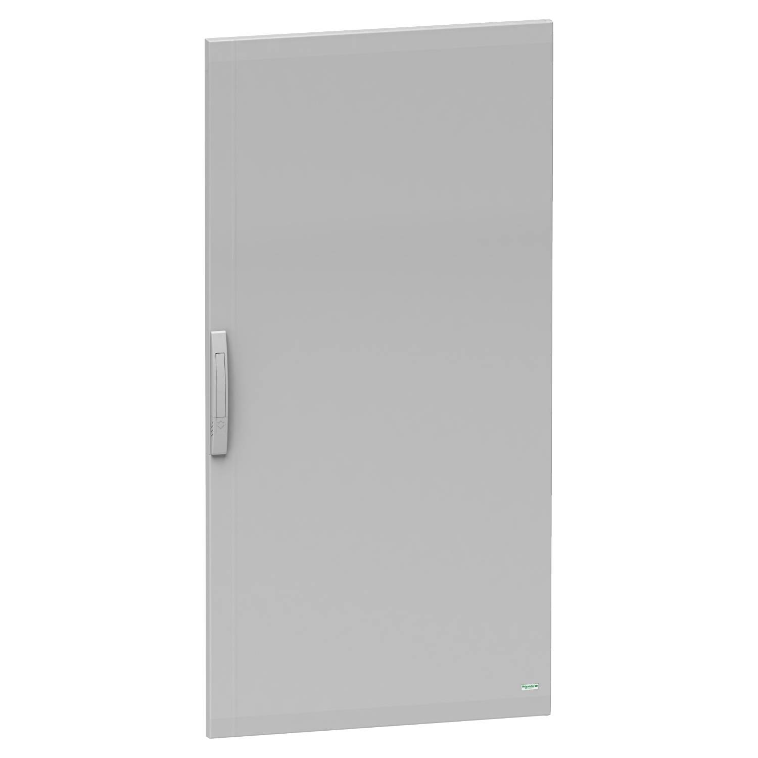 Grey door with handle on the left side, rectangular shape, narrow construction, simple design.