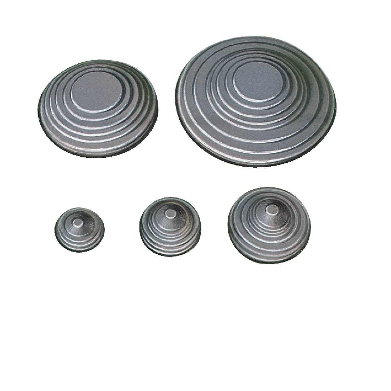 Five concentric, round metal plates in various sizes. The plates could be used as covers or seals.