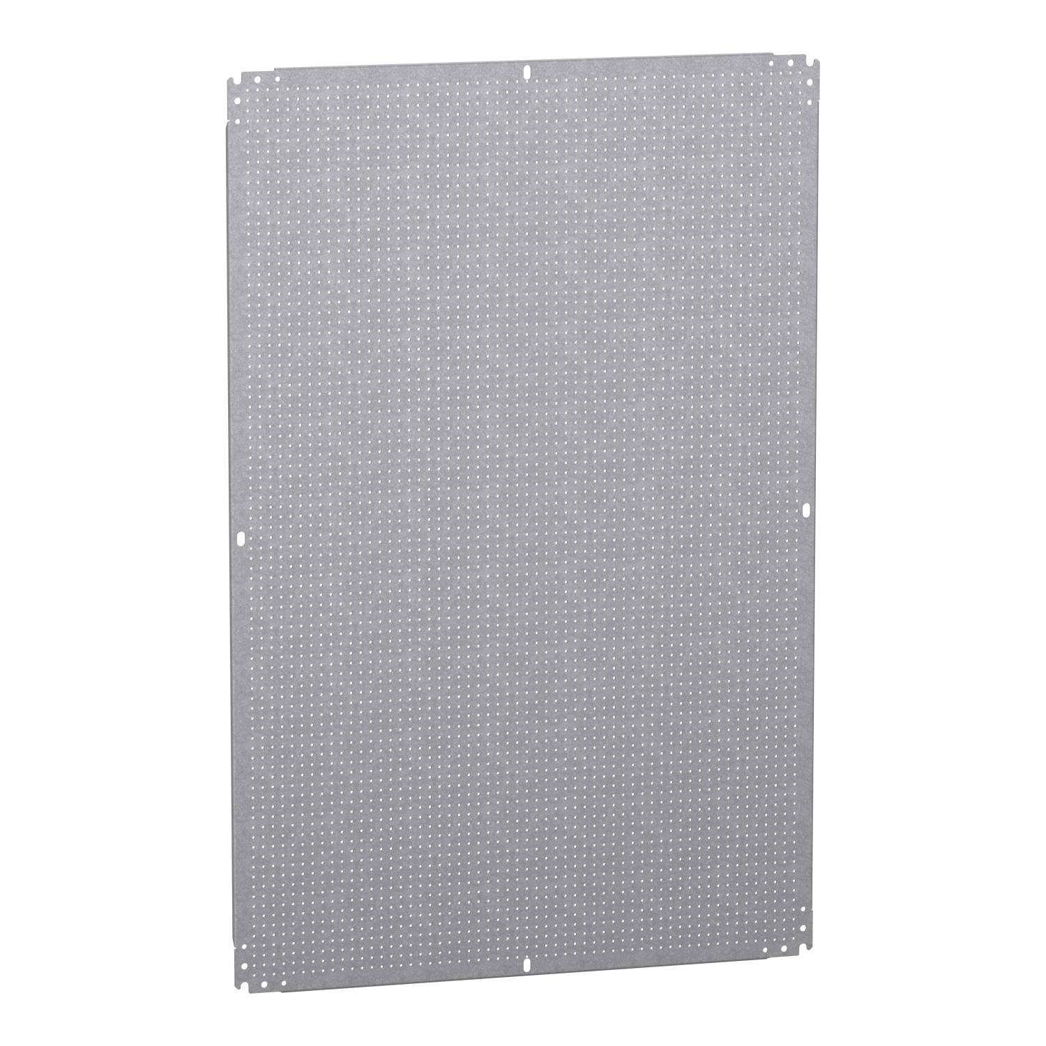Grey perforated metal plate with small, uniform holes, rectangular in shape. It is used for flexible tool mounting.