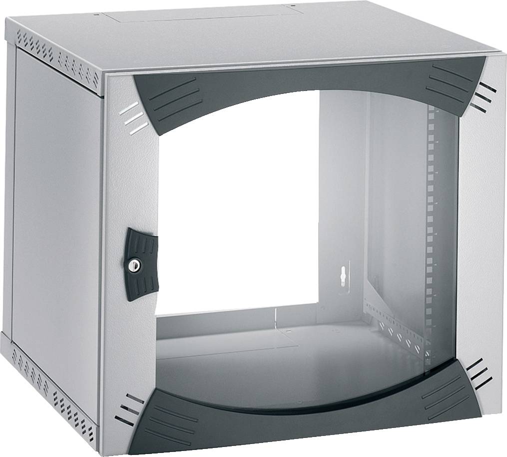 Grey empty wall-mounted enclosure with lockable glass door, suitable for housing network or server hardware.